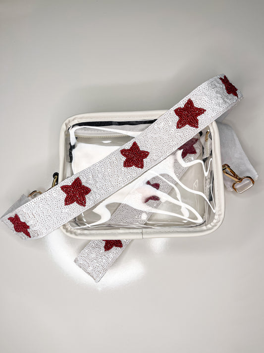 Red Stars Sequin Purse Strap - White